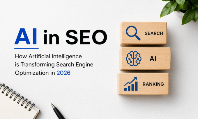 AI in SEO illustration showing artificial intelligence, search optimization, and website ranking strategy for 2026
