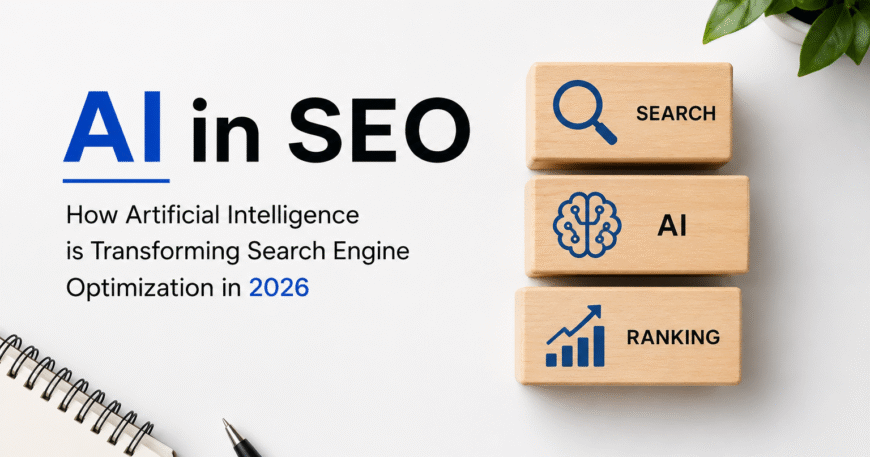 AI in SEO illustration showing artificial intelligence, search optimization, and website ranking strategy for 2026